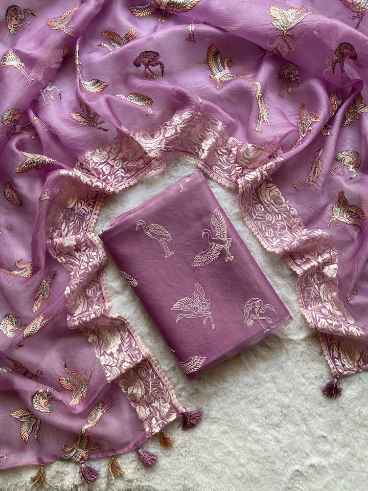 Pure Banarasi Organza Silk Unstitched Suit with Parsi Work