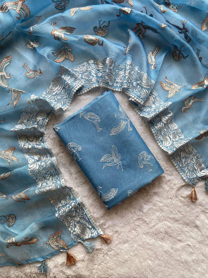 Pure Banarasi Organza Silk Unstitched Suit with Parsi Work