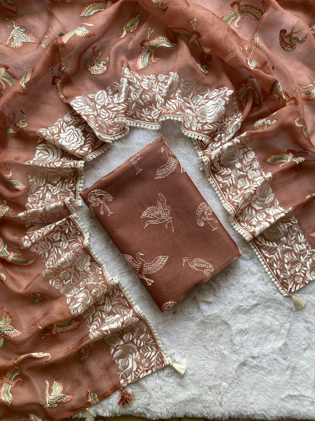 Pure Banarasi Organza Silk Unstitched Suit with Parsi Work