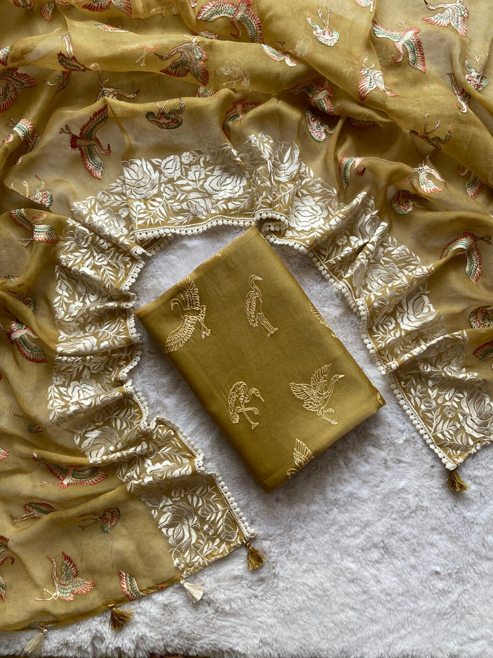 Pure Banarasi Organza Silk Unstitched Suit with Parsi Work