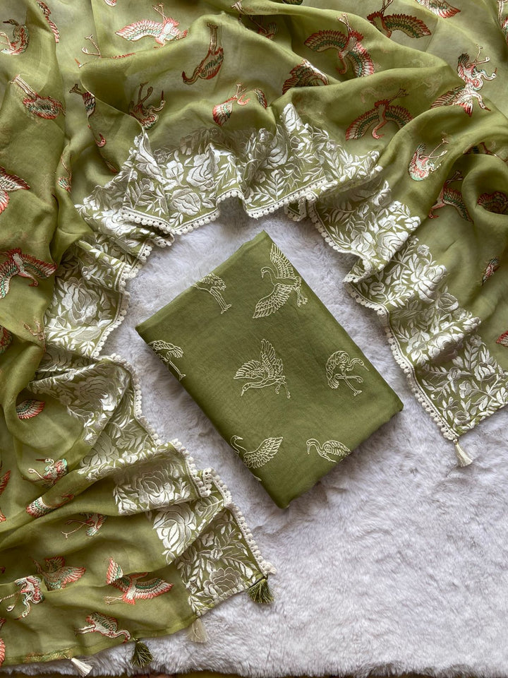 Pure Banarasi Organza Silk Unstitched Suit with Parsi Work