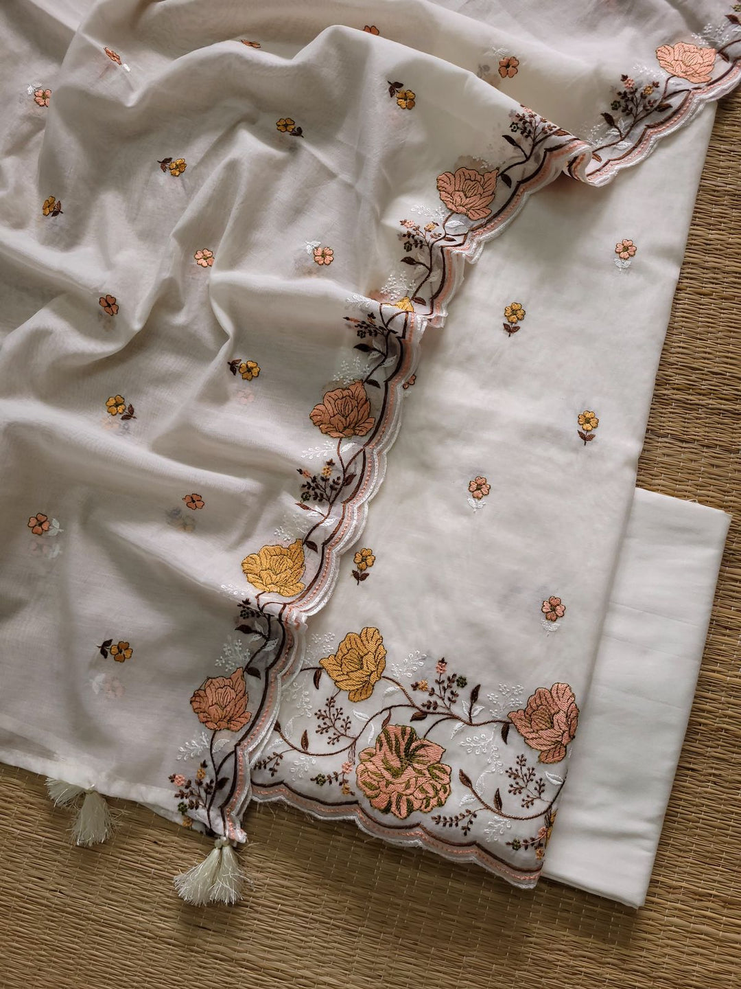 Pure Banarasi Mul Cotton Unstitched Suit With Embroidery Work