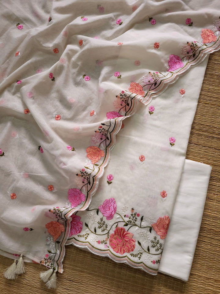 Pure Banarasi Mul Cotton Unstitched Suit With Embroidery Work