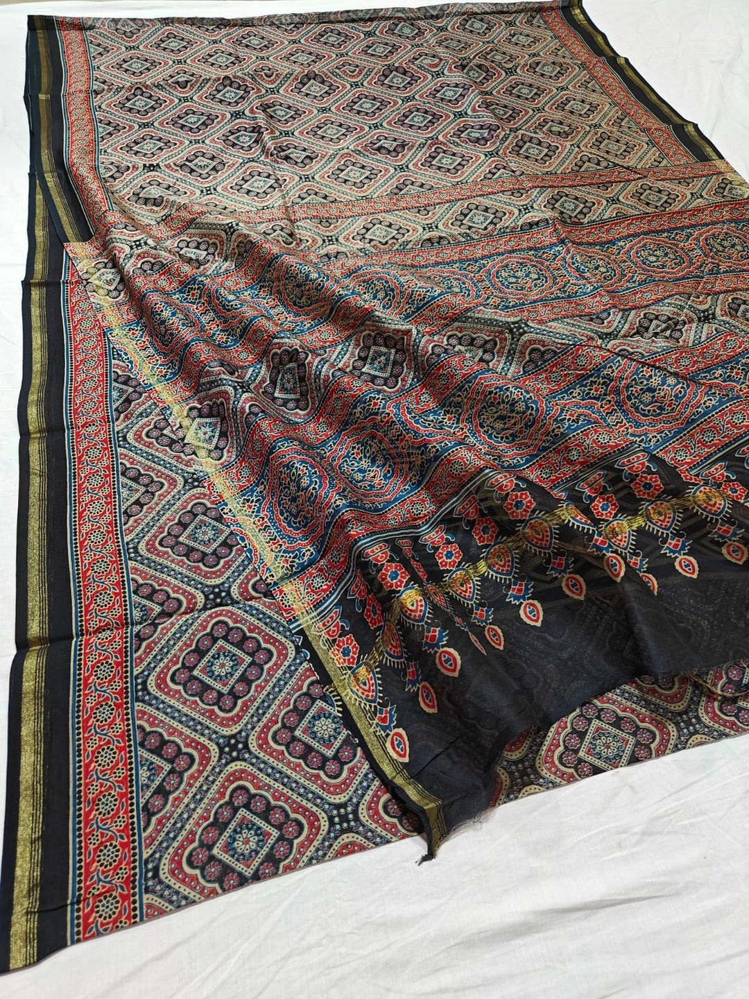 Pure Chanderi Silk Saree With Azrak Print With Blouse