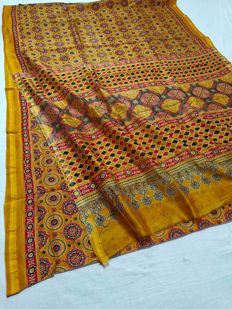 Pure Chanderi Silk Saree With Azrak Print With Blouse