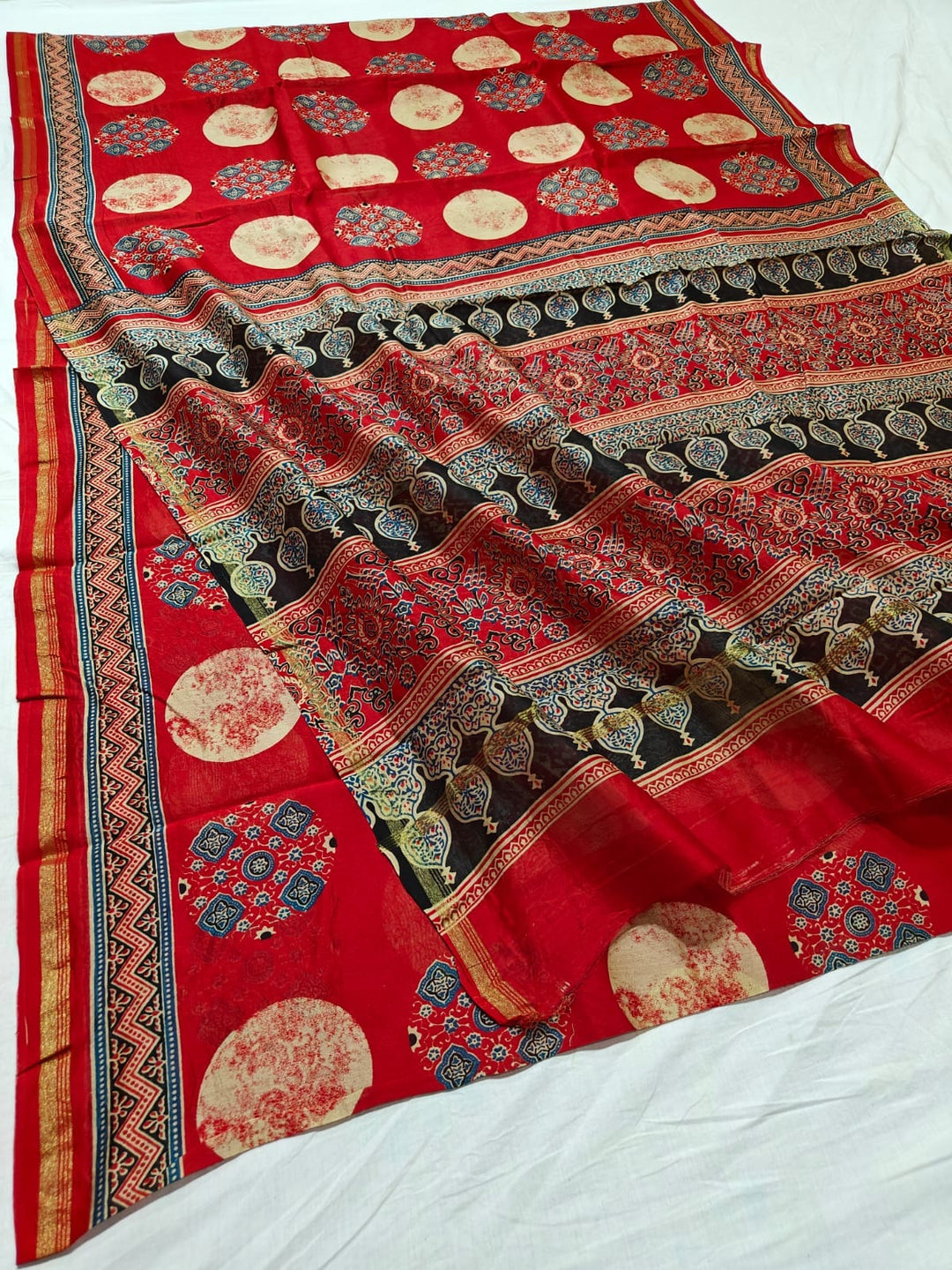 Pure Chanderi Silk Saree With Azrak Print With Blouse
