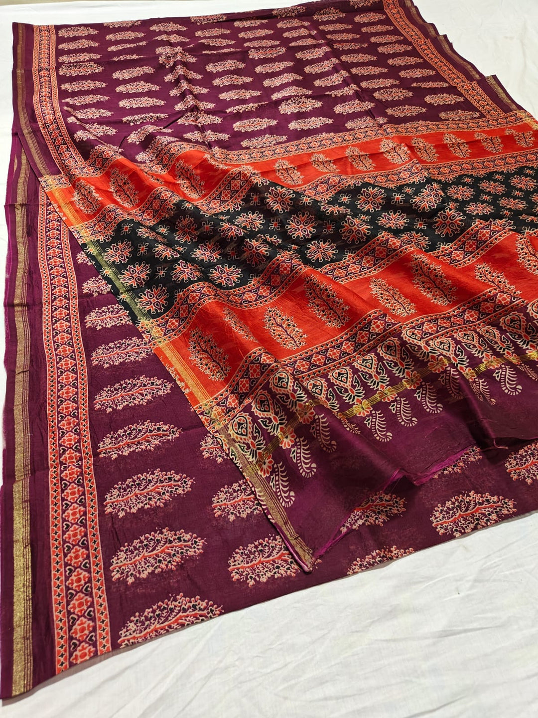 Pure Chanderi Silk Saree With Azrak Print With Blouse