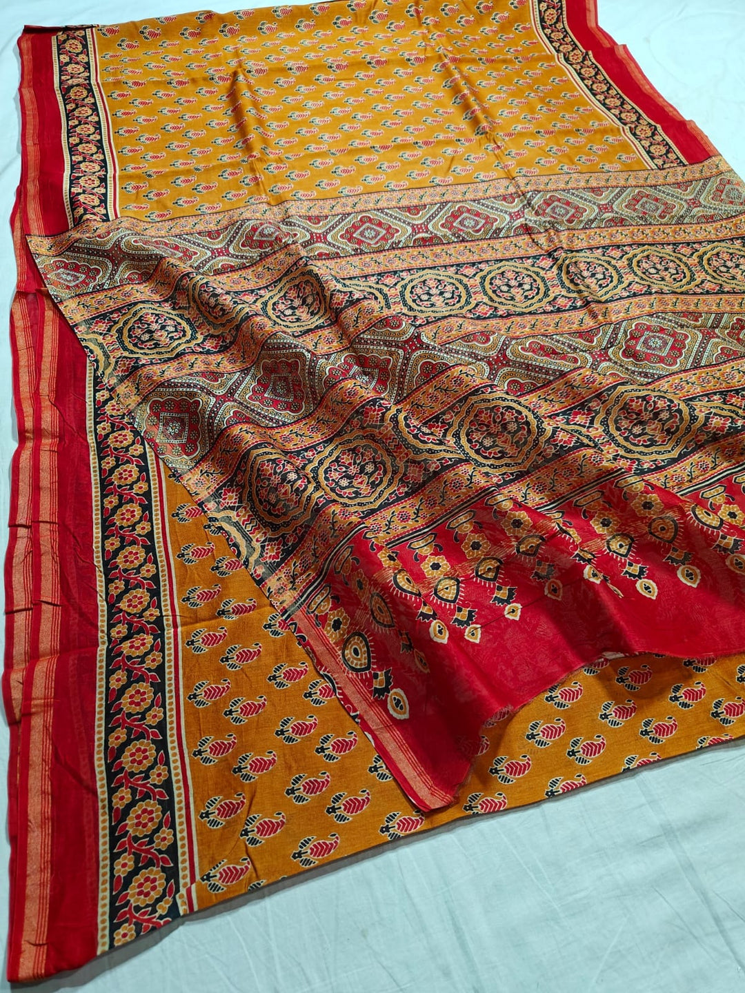Pure Chanderi Silk Saree With Azrak Print With Blouse