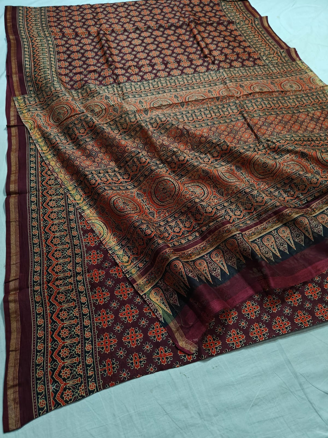Pure Chanderi Silk Saree With Azrak Print With Blouse