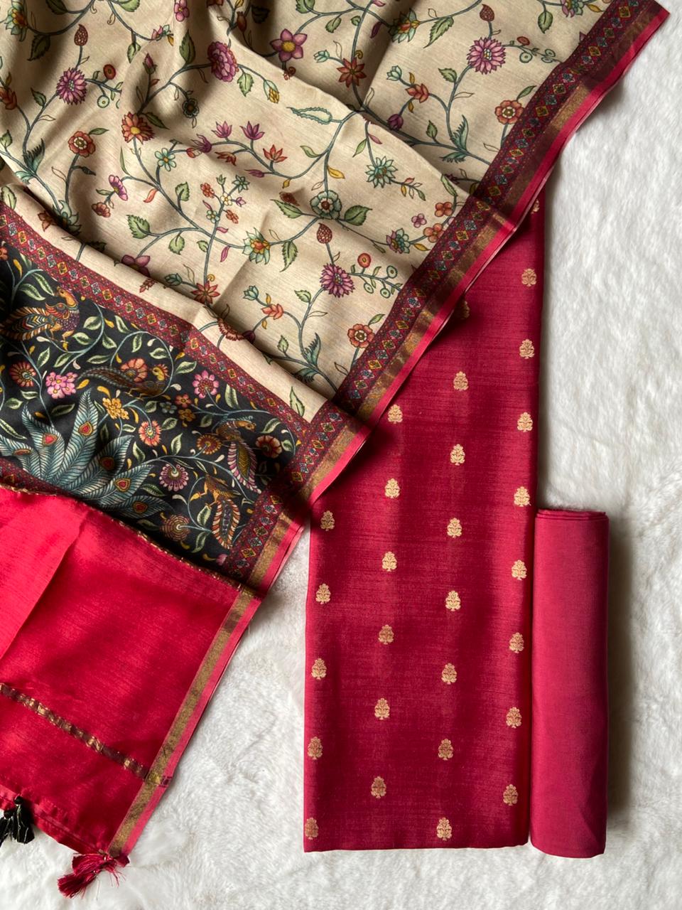 Pure Munga Silk Unstitched Suit With Kalamkari Work Munga silk Dupatta