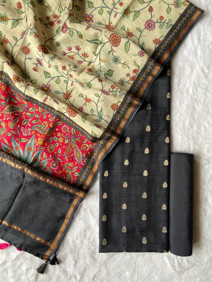 Pure Munga Silk Unstitched Suit With Kalamkari Work Munga silk Dupatta