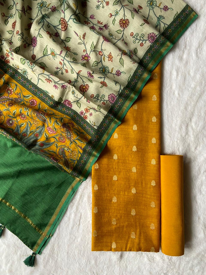 Pure Munga Silk Unstitched Suit With Kalamkari Work Munga silk Dupatta