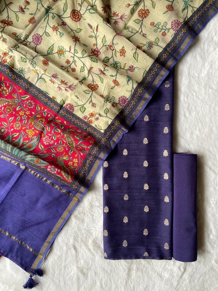 Pure Munga Silk Unstitched Suit With Kalamkari Work Munga silk Dupatta