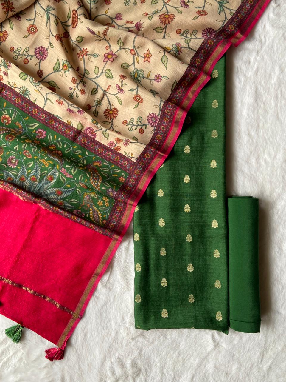 Pure Munga Silk Unstitched Suit With Kalamkari Work Munga silk Dupatta