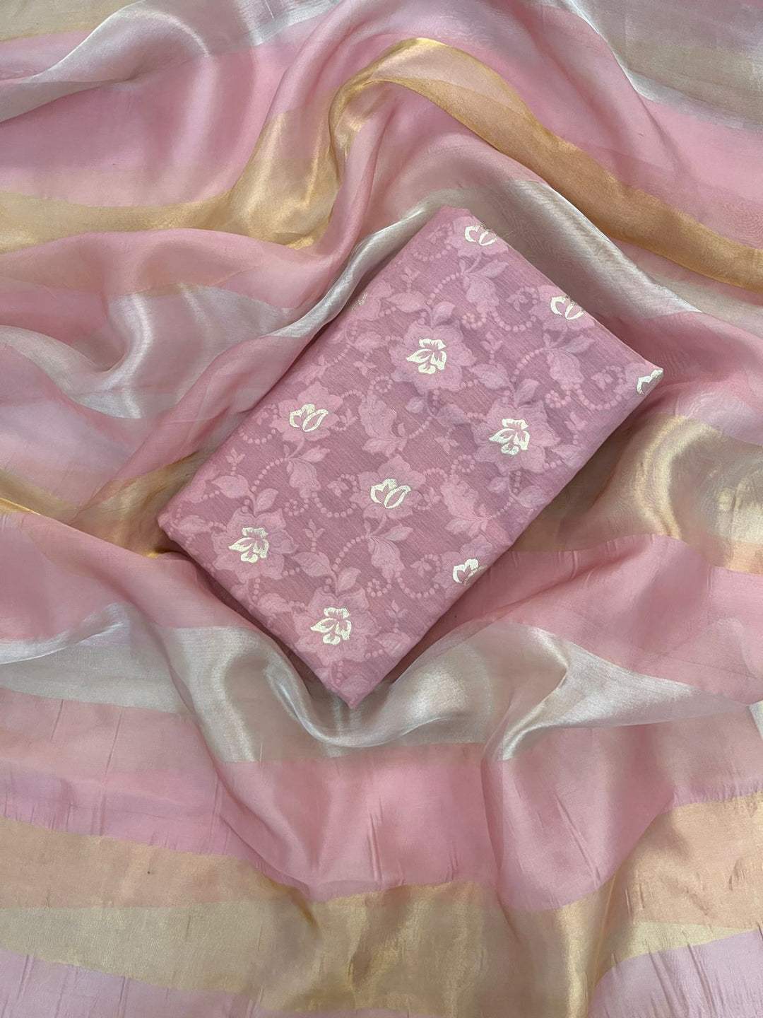 Pure Banarasi Mul Cotton Unstitched Suit with Organza Dupatta