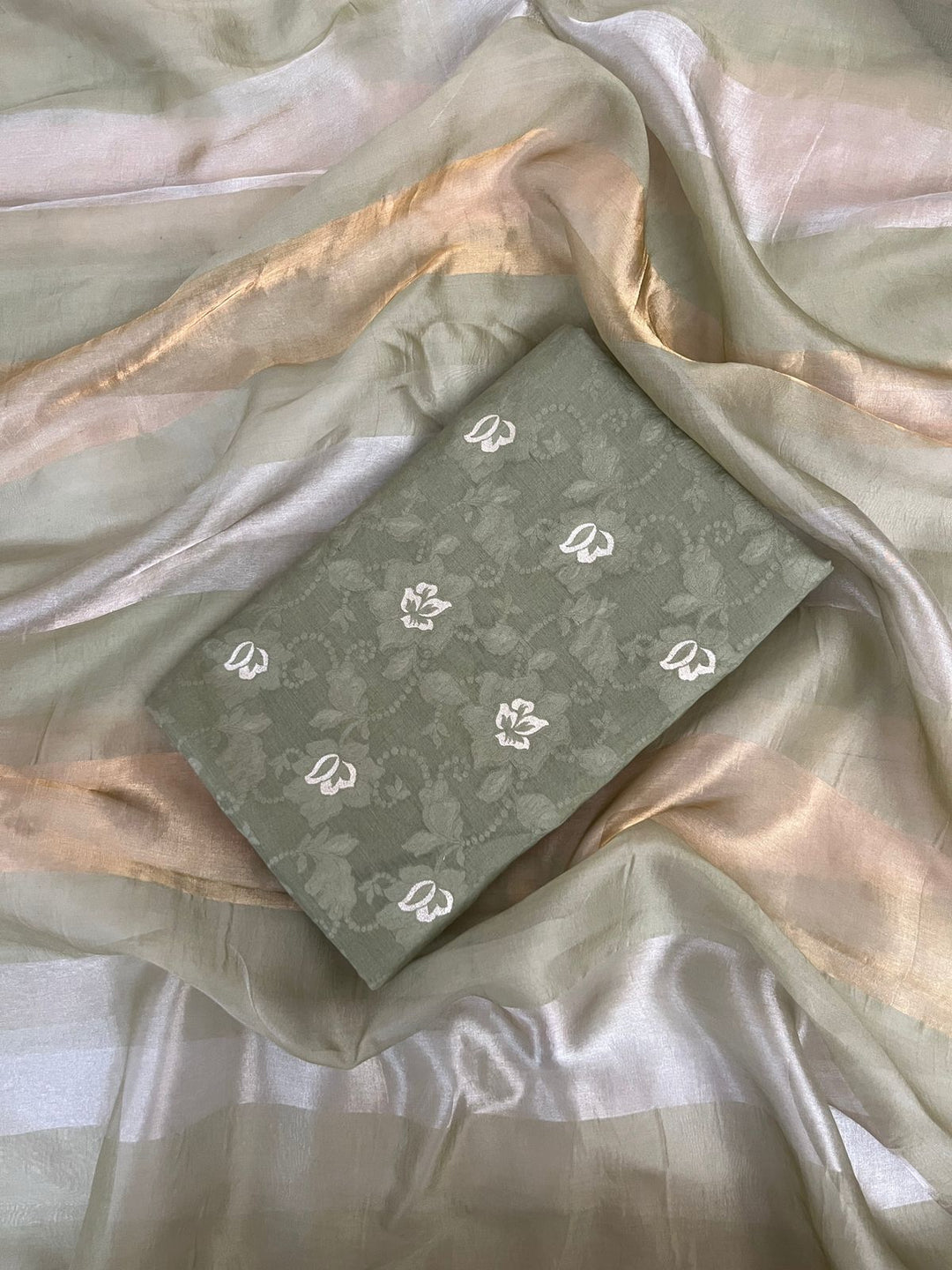Pure Banarasi Mul Cotton Unstitched Suit with Organza Dupatta