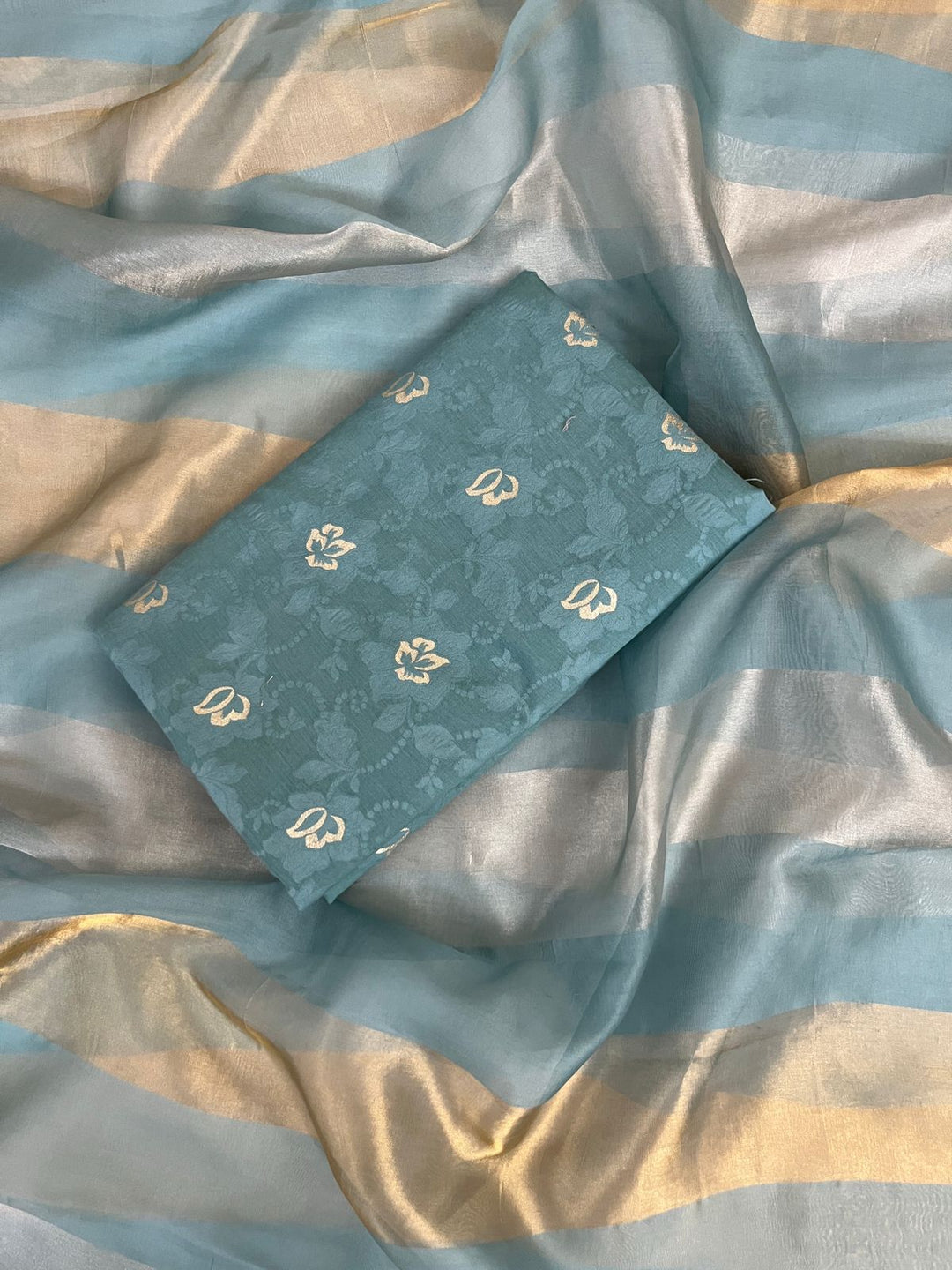 Pure Banarasi Mul Cotton Unstitched Suit with Organza Dupatta