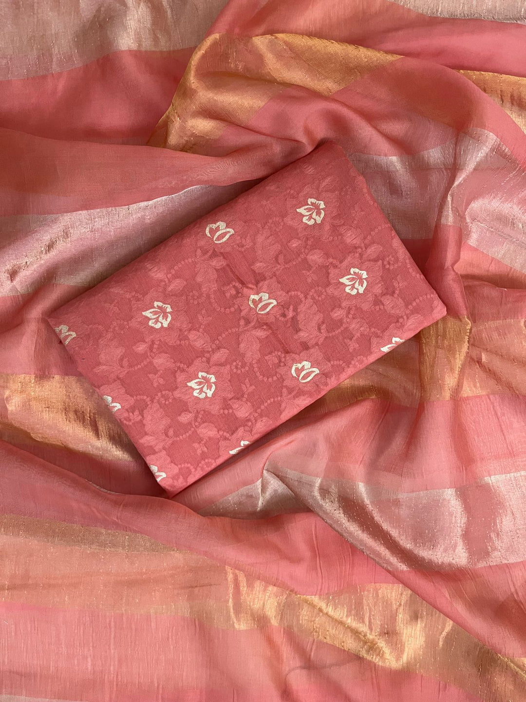 Pure Banarasi Mul Cotton Unstitched Suit with Organza Dupatta