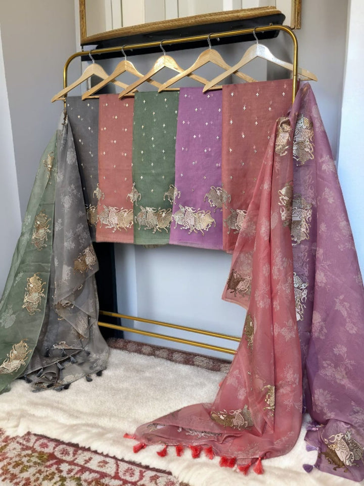 Pure Organza Silk Unstitched Suit With Embroidered Daman