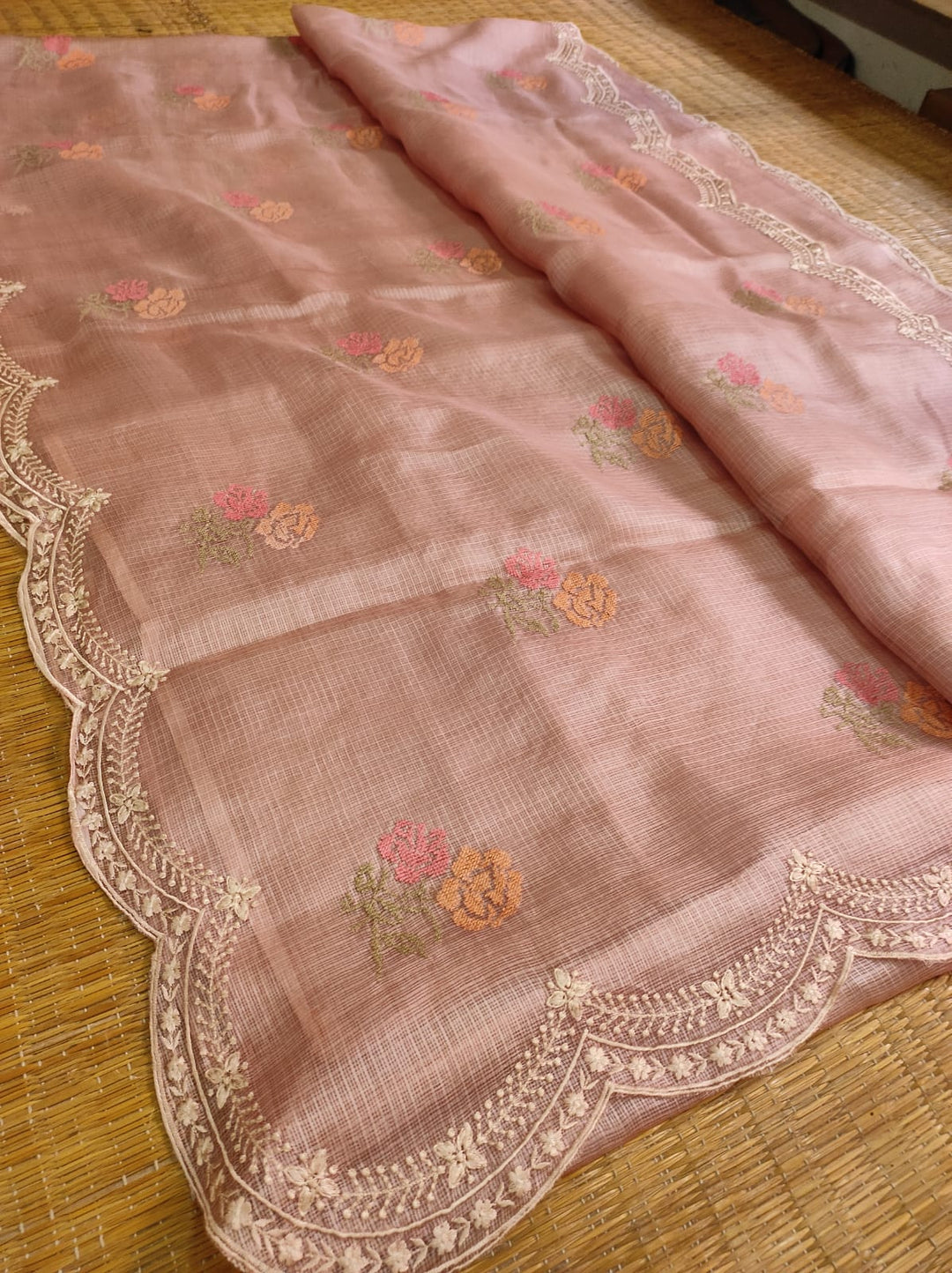 Pure Tussar Kota Silk Saree with Cross-stitch Buta and Scallop Edging Embroidery Work