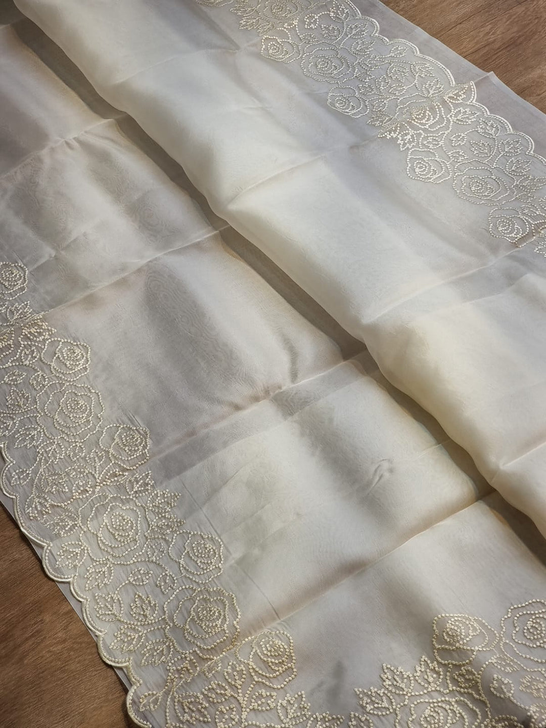 Pure Organza Silk Pearl Embroidery Work Cutwork Scallop Border Saree