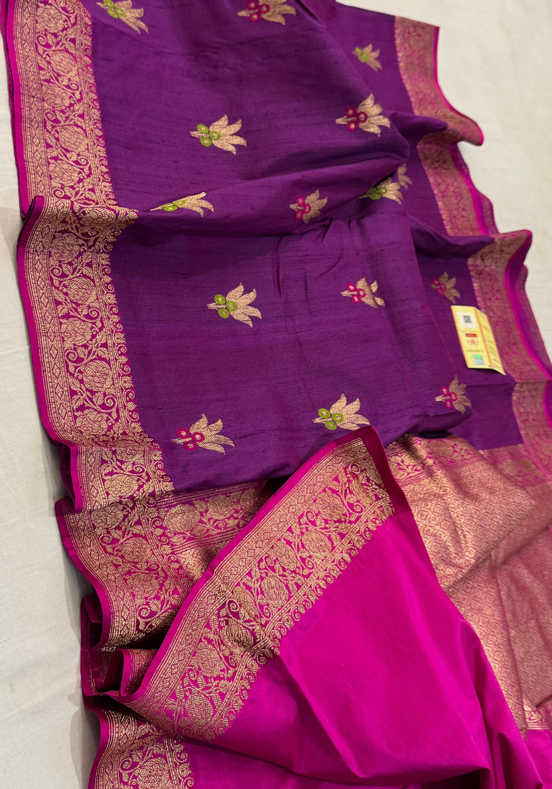 HandloomPure Banarasi Tussar Silk Saree With Kadhuwa Border Work.