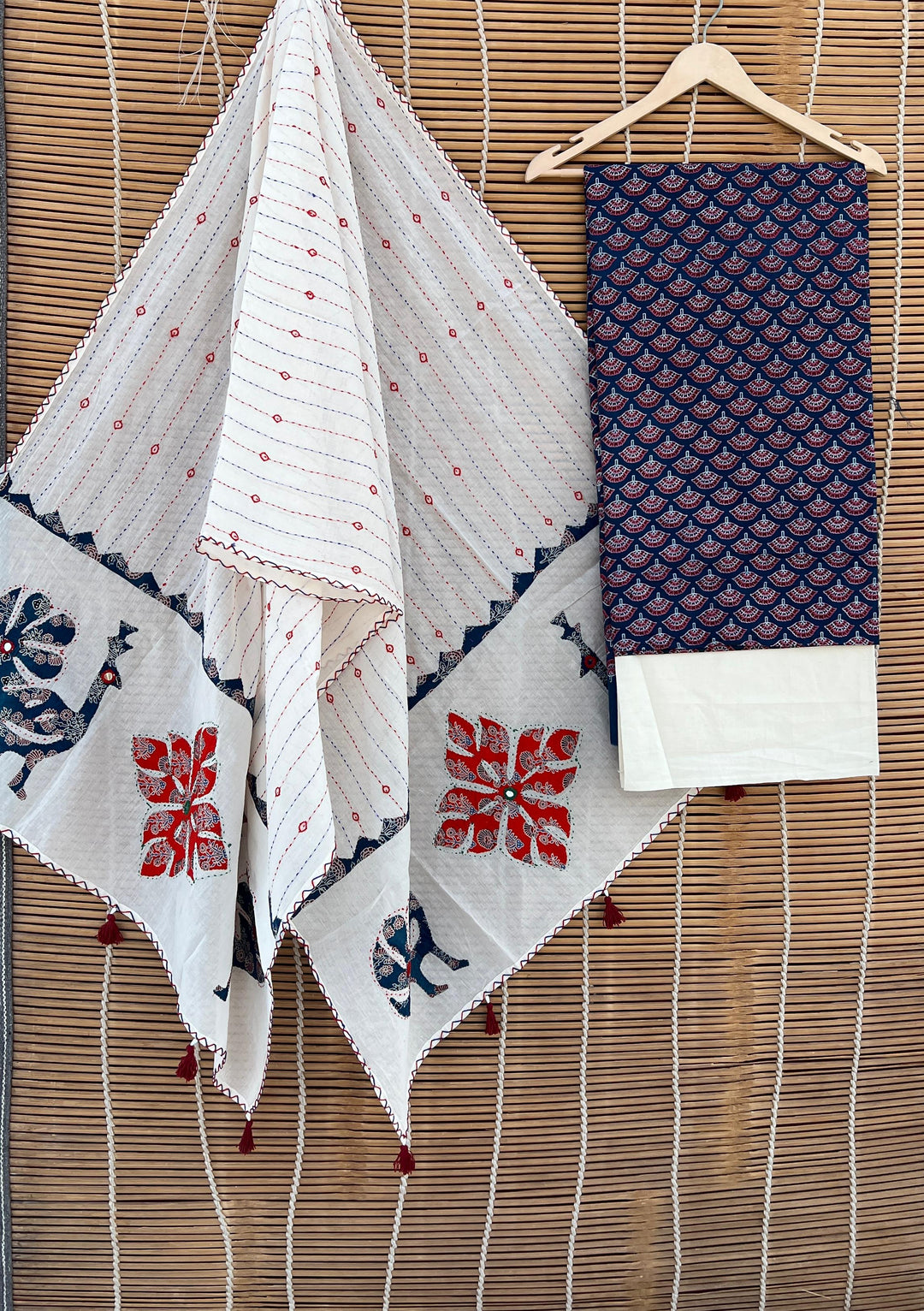 Pure Cotton Azrakh Print Unstitched suit with Patch Work Dupatta