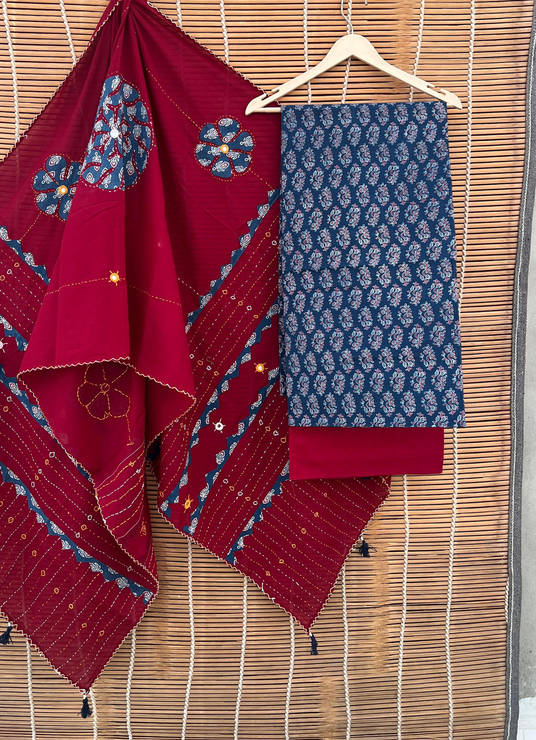 Pure Cotton Azrakh Print Unstitched suit with Patch Work Dupatta