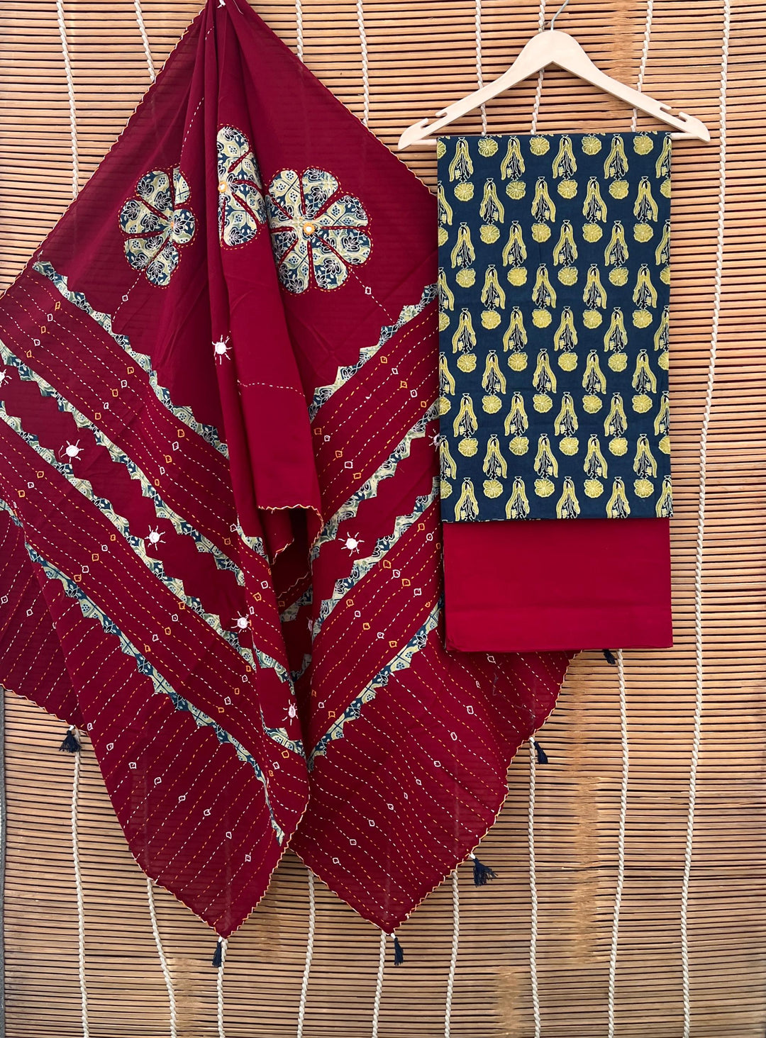 Pure Cotton Azrakh Print Unstitched suit with Patch Work Dupatta