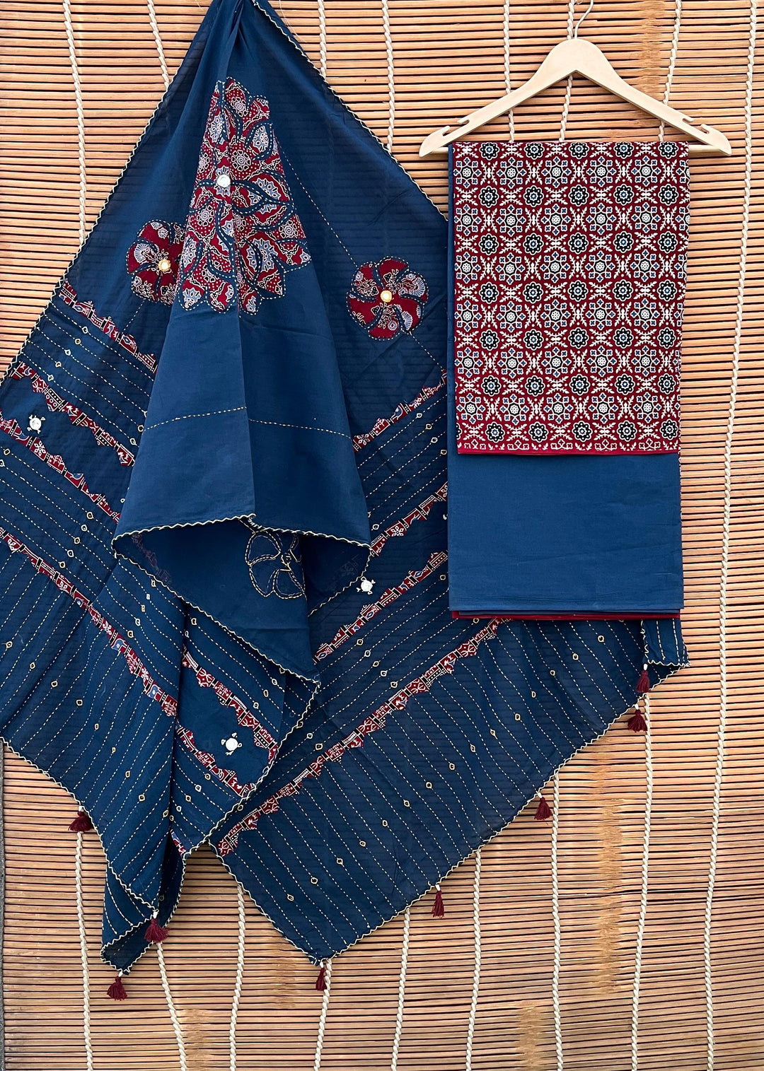 Pure Cotton Azrakh Print Unstitched suit with Patch Work Dupatta