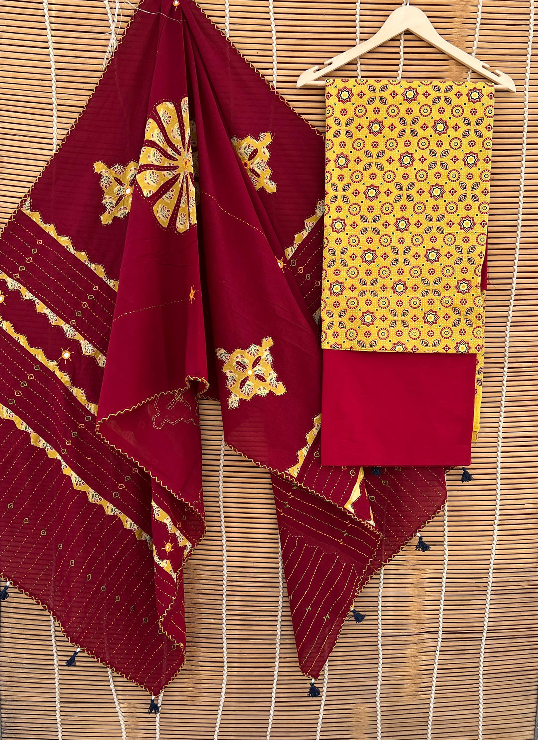 Pure Cotton Azrakh Print Unstitched suit with Patch Work Dupatta