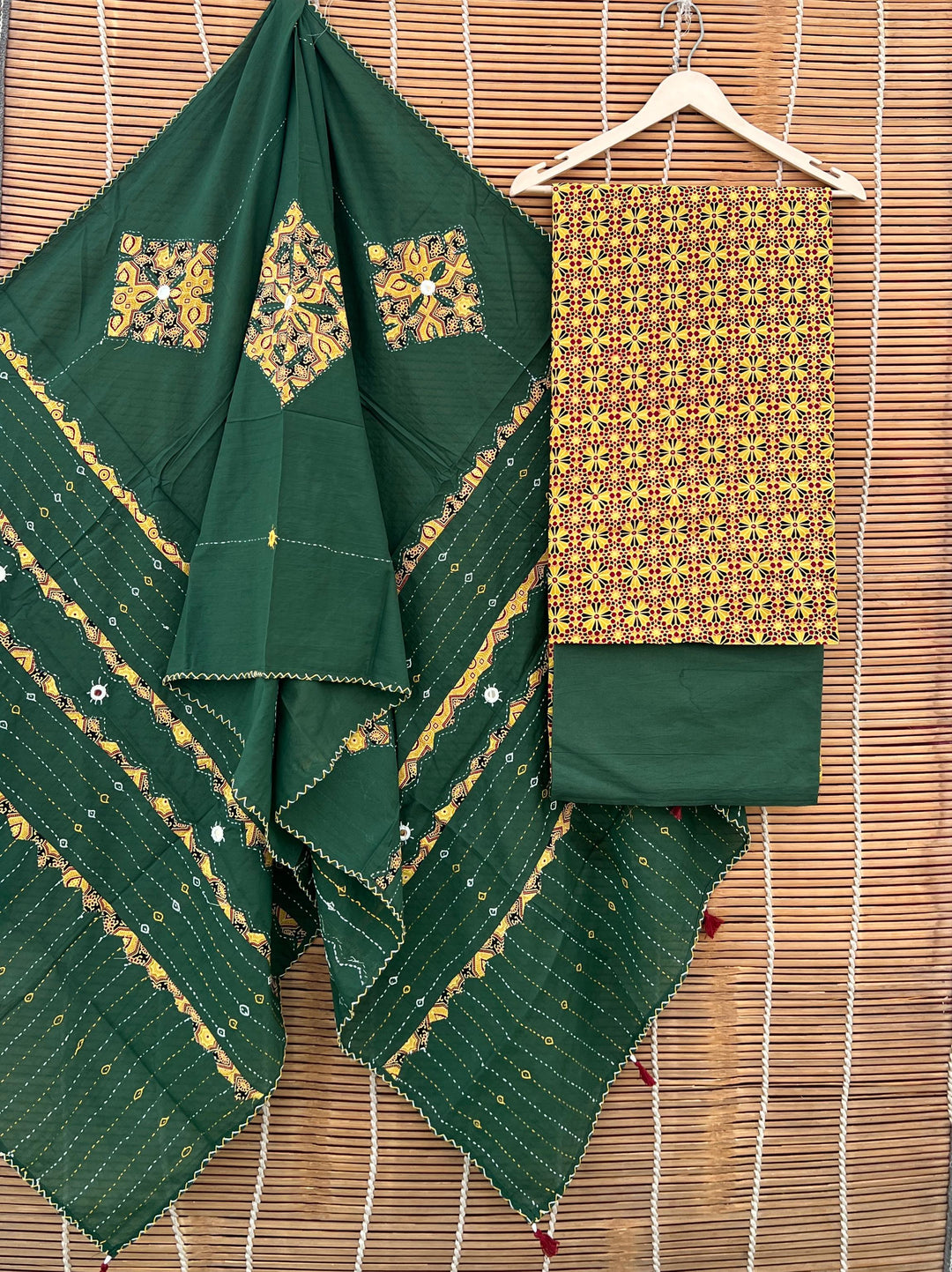 Pure Cotton Azrakh Print Unstitched suit with Patch Work Dupatta