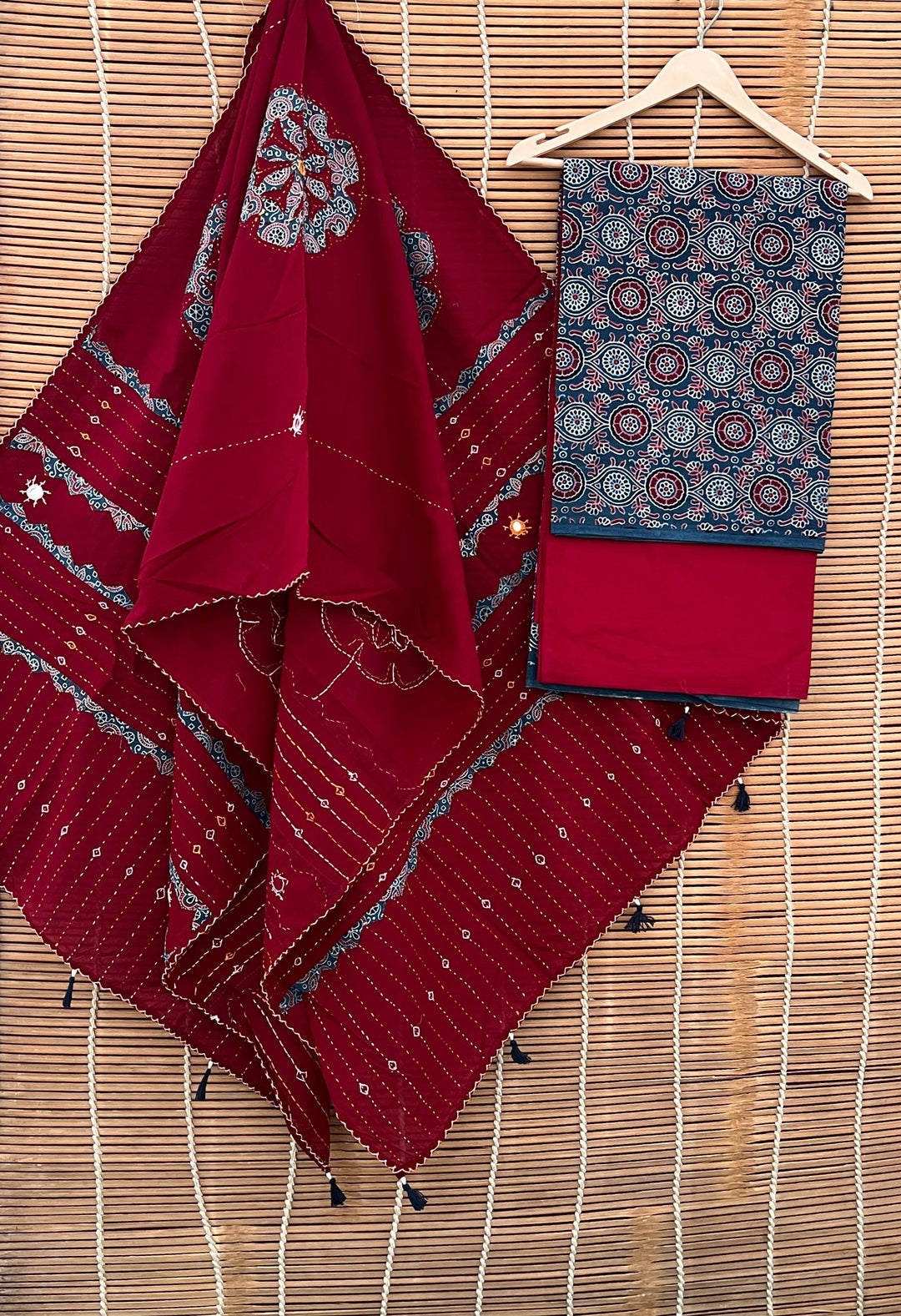 Pure Cotton Azrakh Print Unstitched suit with Patch Work Dupatta