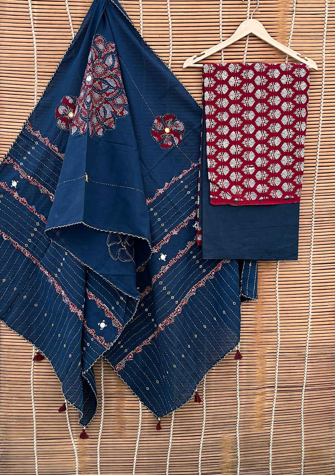 Pure Cotton Azrakh Print Unstitched suit with Patch Work Dupatta
