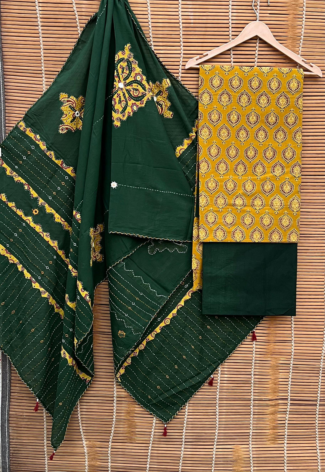 Pure Cotton Azrakh Print Unstitched suit with Patch Work Dupatta