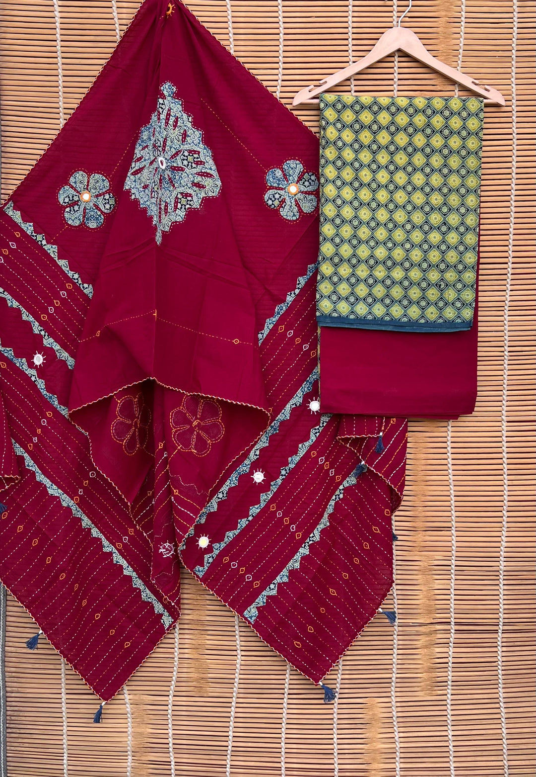 Pure Cotton Azrakh Print Unstitched suit with Patch Work Dupatta