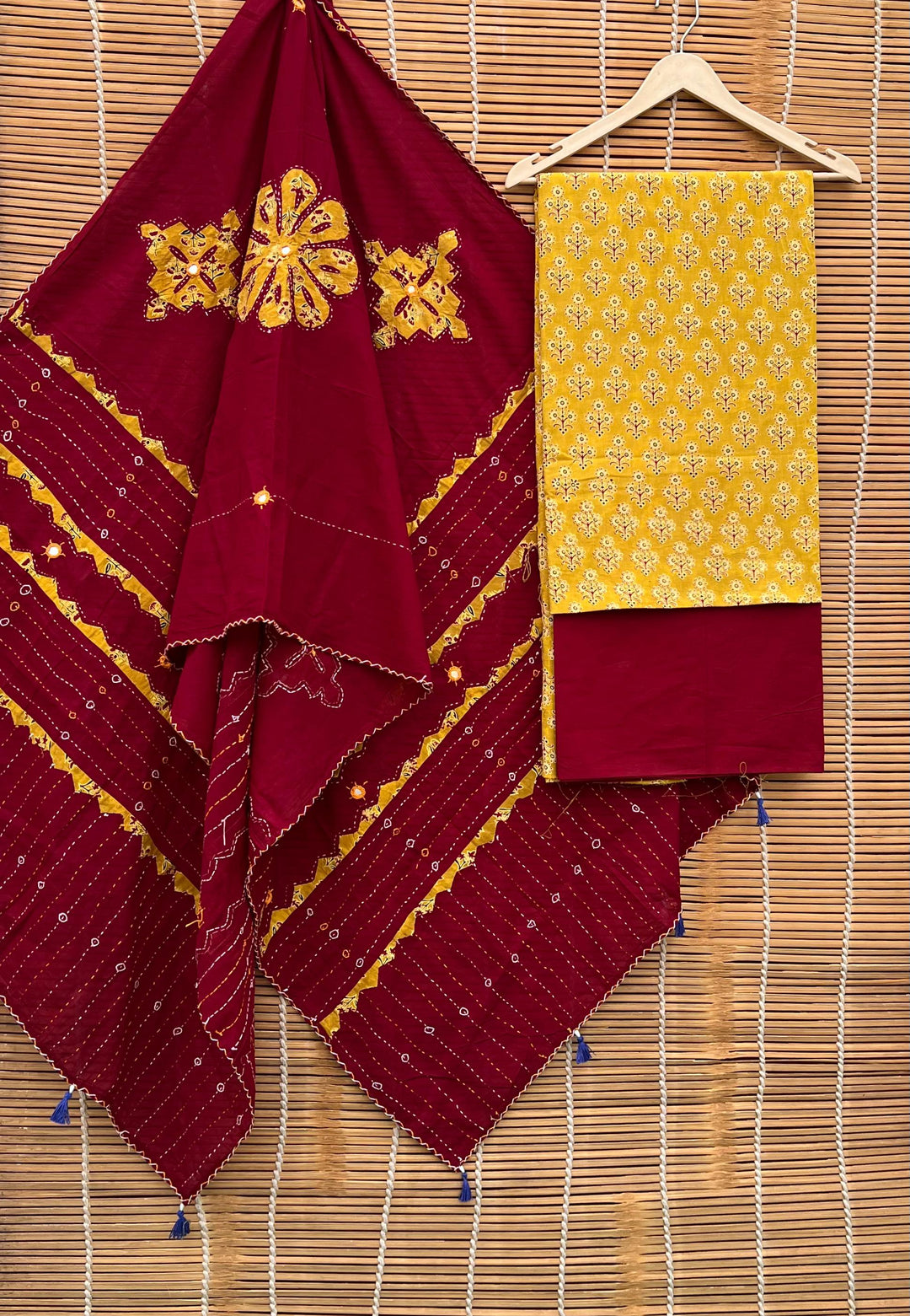 Pure Cotton Azrakh Print Unstitched suit with Patch Work Dupatta