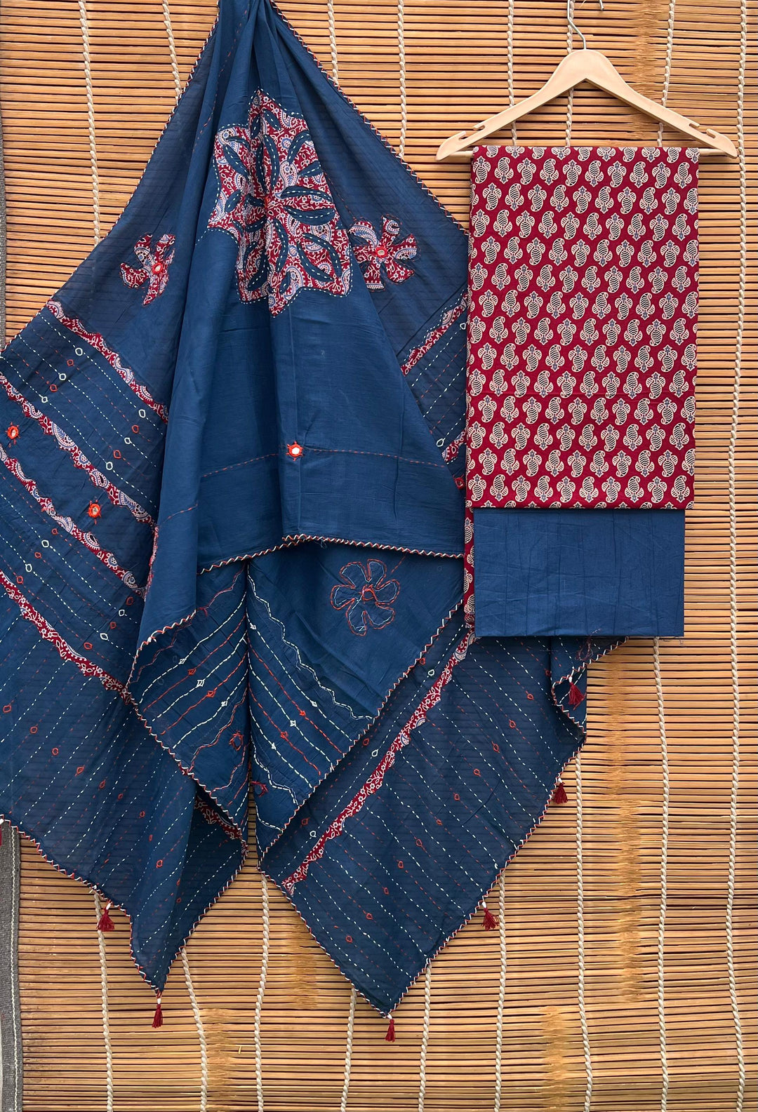 Pure Cotton Azrakh Print Unstitched suit with Patch Work Dupatta