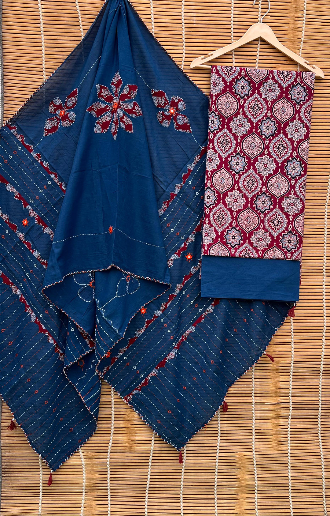 Pure Cotton Azrakh Print Unstitched suit with Patch Work Dupatta