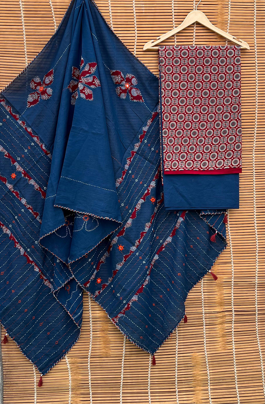 Pure Cotton Azrakh Print Unstitched suit with Patch Work Dupatta