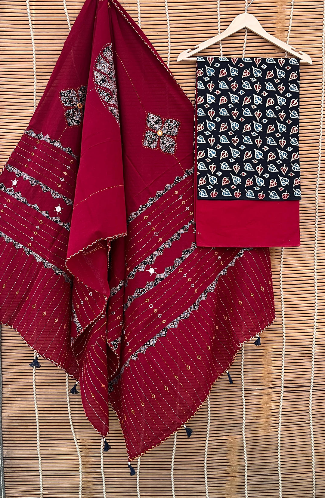 Pure Cotton Azrakh Print Unstitched suit with Patch Work Dupatta