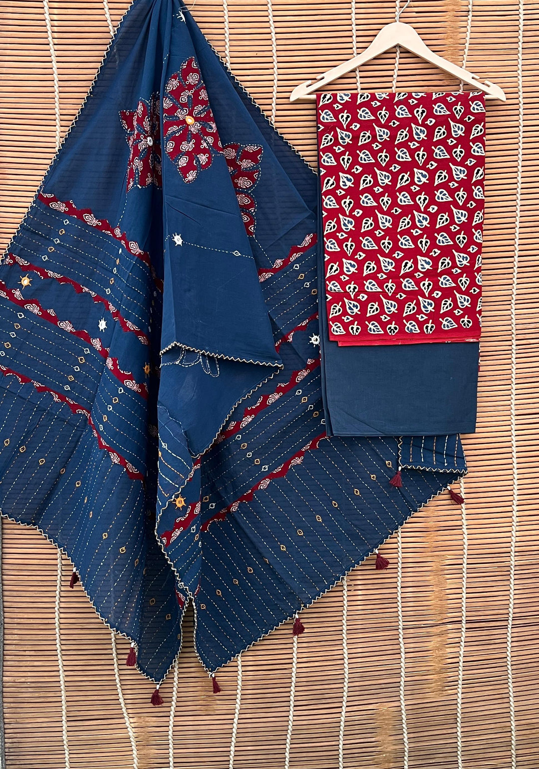 Pure Cotton Azrakh Print Unstitched suit with Patch Work Dupatta