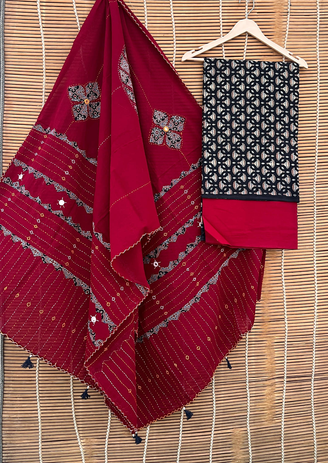 Pure Cotton Azrakh Print Unstitched suit with Patch Work Dupatta