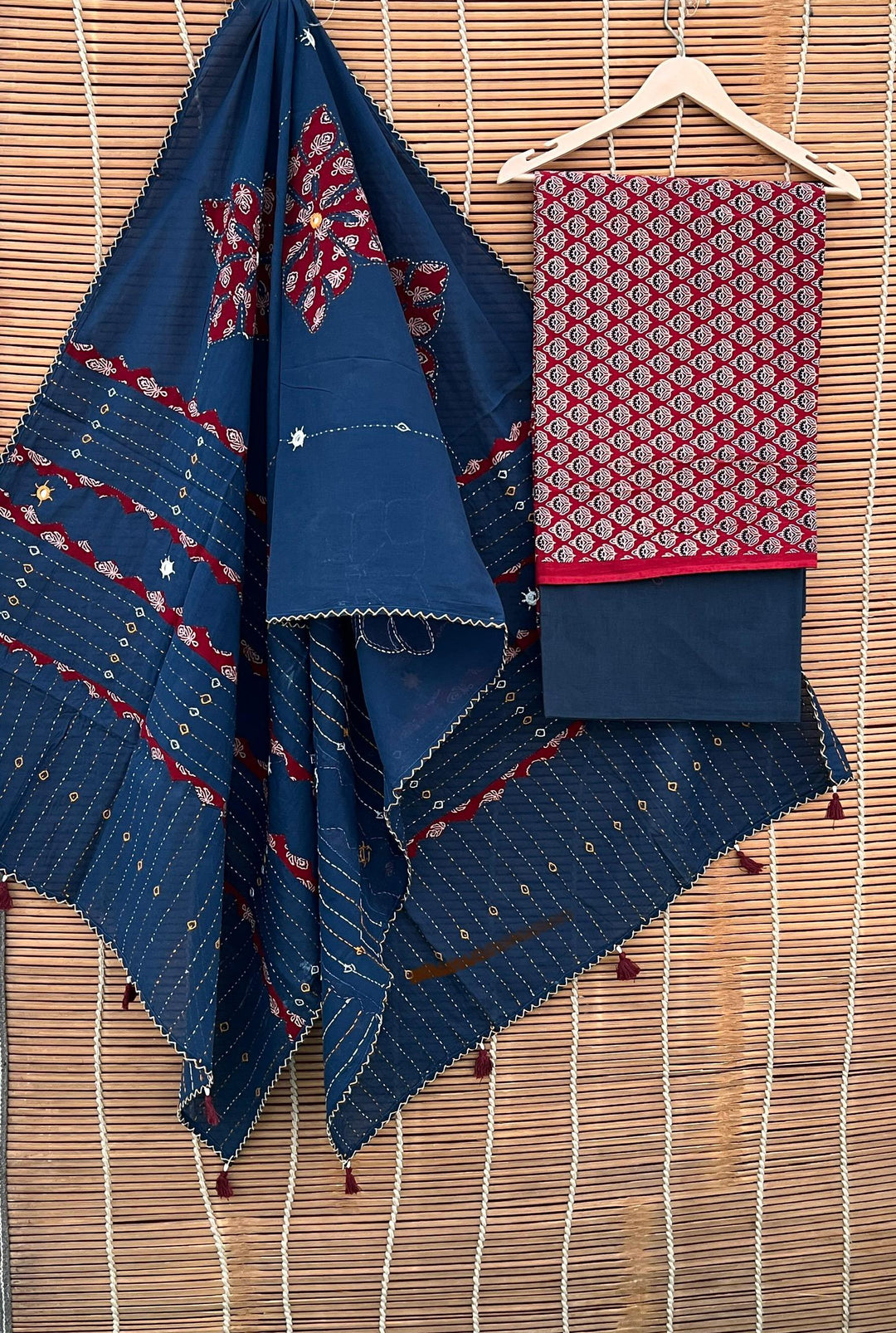 Pure Cotton Azrakh Print Unstitched suit with Patch Work Dupatta