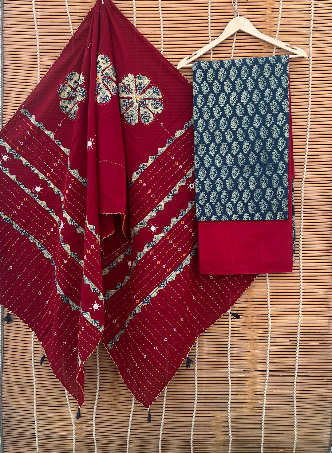 Pure Cotton Azrakh Print Unstitched suit with Patch Work Dupatta