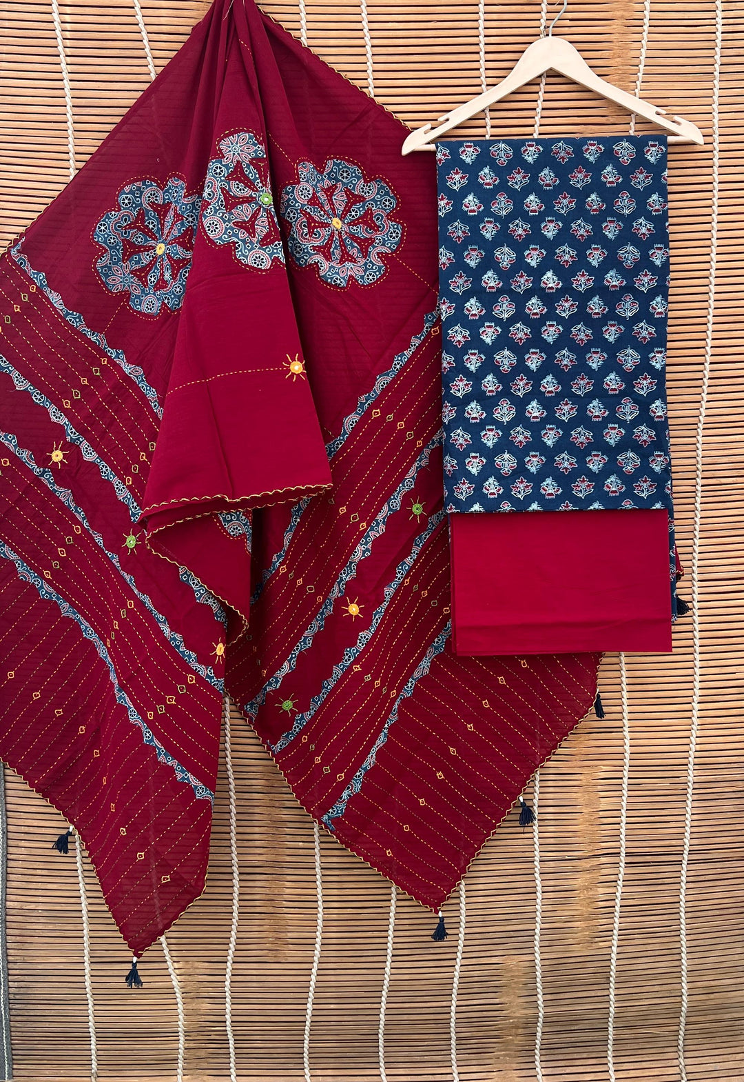 Pure Cotton Azrakh Print Unstitched suit with Patch Work Dupatta