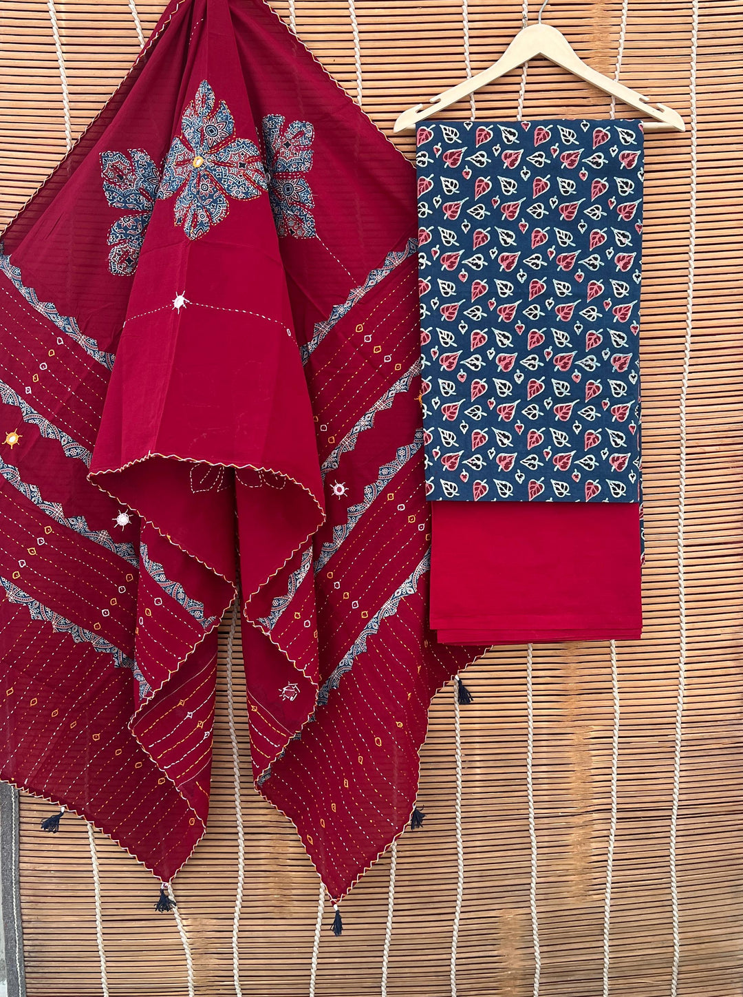 Pure Cotton Azrakh Print Unstitched suit with Patch Work Dupatta