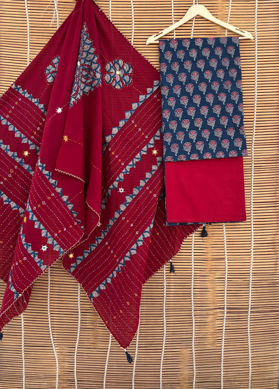 Pure Cotton Azrakh Print Unstitched suit with Patch Work Dupatta