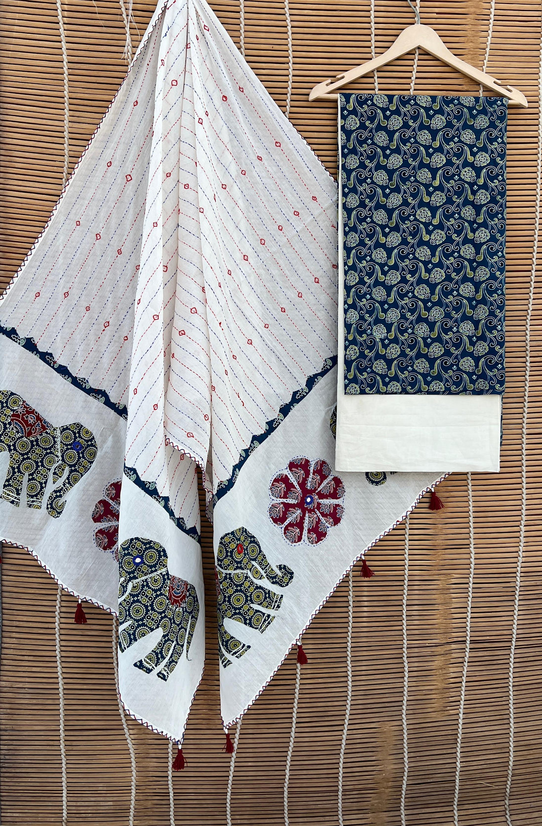 Pure Cotton Azrakh Print Unstitched suit with Patch Work Dupatta