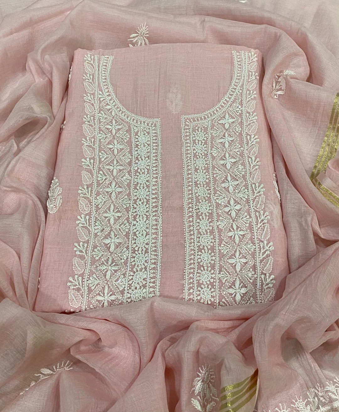 Pure MulMul Chanderi Chikankari Unstitched Suit with Pearl Cutdana Work
